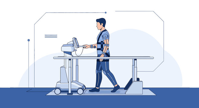 Man in Exoskeleton Suit Walks on Treadmill for Rehabilitation and Medical Research
