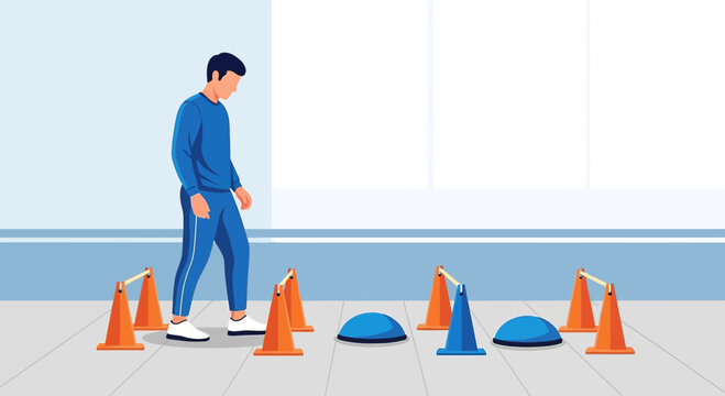 Man performing agility and balance exercises on a training course with cones and bosu balls
