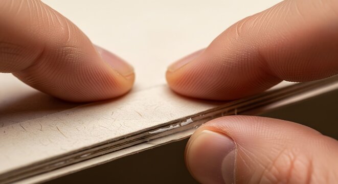 Close-up of human fingers carefully separating thin layers of a light-colored material, showcasing precision and delicate handling.