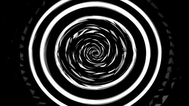 Abstract Tunnel of White and Black Concentric Spirals with Glitchy Distortions and Jagged Outer Edges Against a Black Void