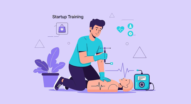 Man practicing CPR on dummy, startup training, medical emergency, life saving skills