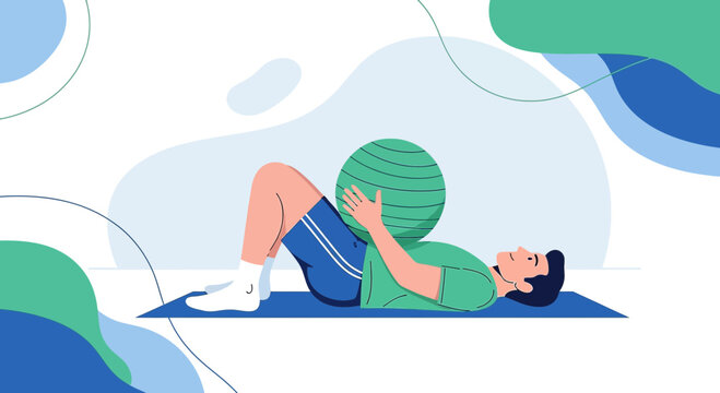 Man doing pelvic floor exercises with a fitness ball on a yoga mat
