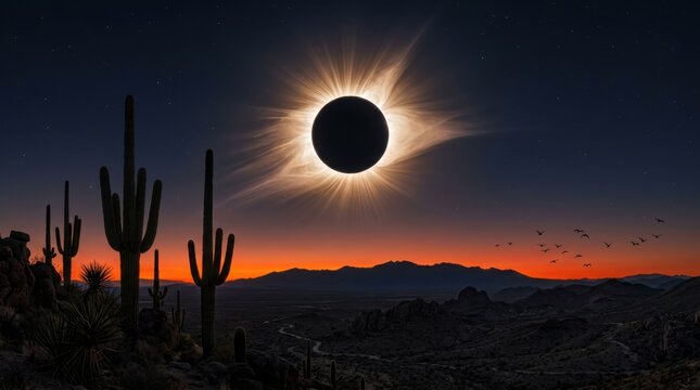 Total solar eclipse over desert landscape with saguaro cactus silhouettes, dramatic celestial event with sun corona in dark sky, majestic astronomical phenomenon above arid mountain valley.