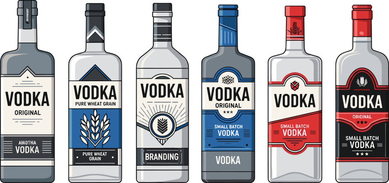 Six Stylized Vodka Bottles with Distinct Labels in Modern Vector Illustration for Branding and Packaging Design