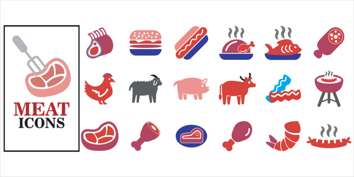 meat icon set bundle. meat, beff, steak, pork, grill, bbq, meal, food and more. simple flat vector