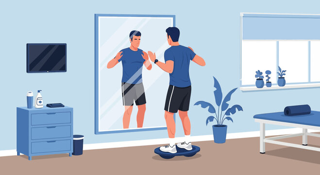 Man doing balance board exercise in front of mirror for physical therapy and rehabilitation