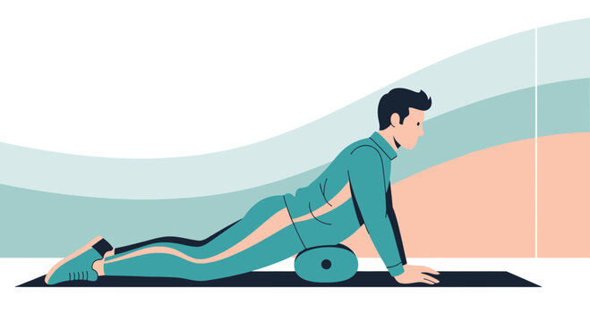 Man doing back extension exercise with foam roller on yoga mat, healthy lifestyle
