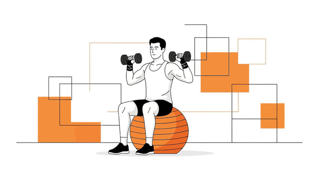 Man doing bicep curls with dumbbells on a stability ball, fitness and workout concept