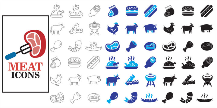 meat icon set bundle. meat, beff, steak, pork, grill, bbq, meal, food and more. simple flat complete vector