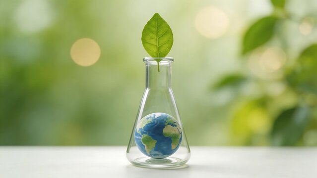 Earth globe in flask with leaf