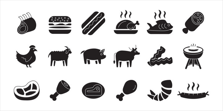meat icon set bundle. meat, beff, steak, pork, grill, bbq, meal, food and more. simple flat solid vector