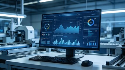 Fototapeta premium Computer monitor displaying data analytics in a factory