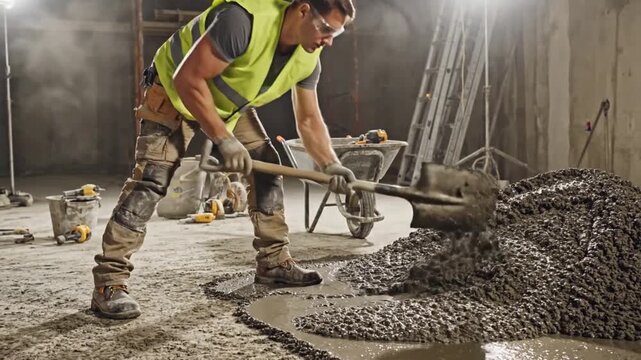 Worker Spreading Wet Concrete Floor, Heavy Labor Inside Industrial Shell With High Visibility Vest And Goggles, Shovel And Wheelbarrow Moving Mix, Steam And Dust Rising Under Bright Work Lights,