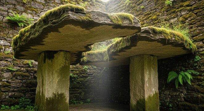 Ancient stone passage covered in moss and vegetation, a prehistoric megalithic structure with rough hewn edges.