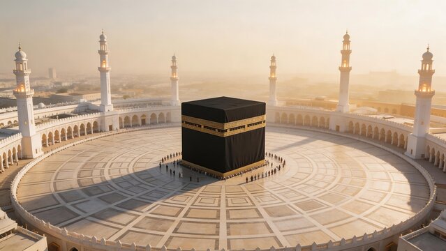 Religious site with central cube and surrounding minarets