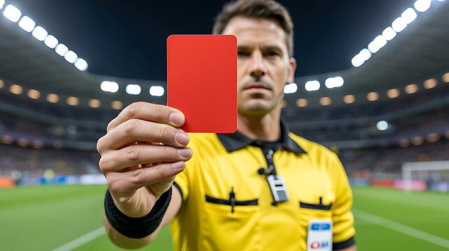Professional referee in yellow uniform holding up red card on blurred stadium soccer pitch background during intense football match for penalty and foul violation concept photo.