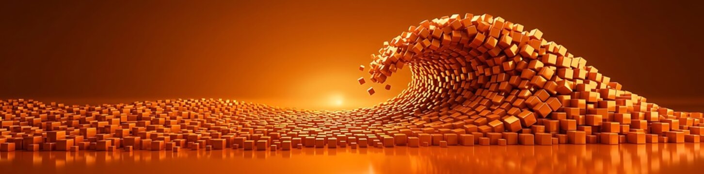 Abstract wave of coffee beans with warm orange glow and reflection.