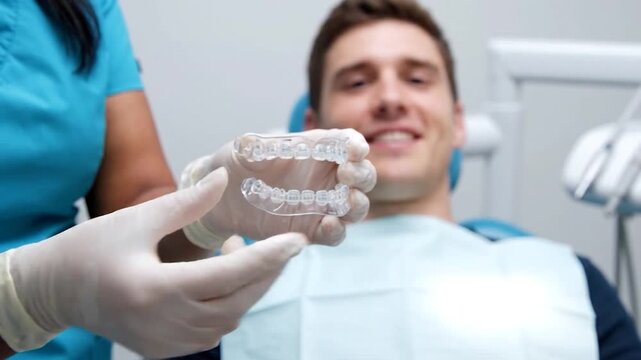 Dentist showing clear aligners to smiling patient in dental chair