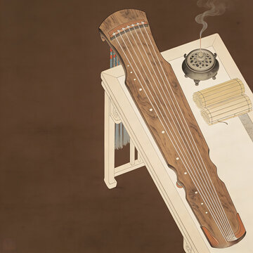 Chinese guqin zither on white table with incense burner and scrolls