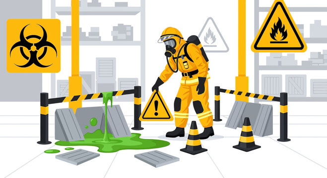 Hazardous spill cleanup: Hazmat suit worker handles toxic goo with caution signs