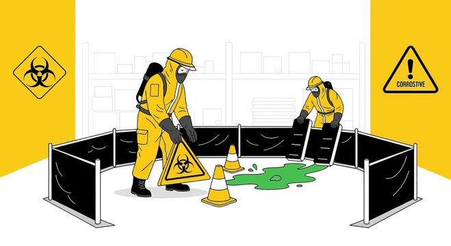 Hazmat Team Cleaning Toxic Spill in Protective Suits, Biohazard Warning