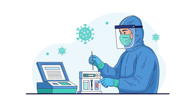 Healthcare worker in hazmat suit conducts COVID-19 test with virus particles