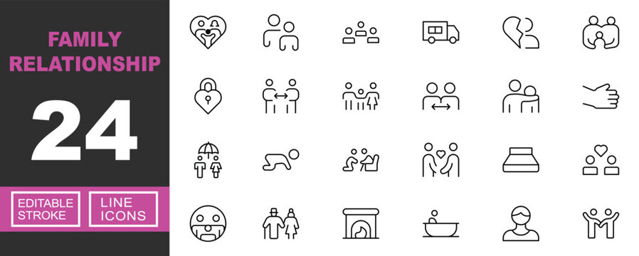 Family Relationship line icon set. Vector pictograms of heart, parent, community, truck, heartbreak, embrace, padlock, distance, family, separation, support, handshake, insurance. Editable stroke.