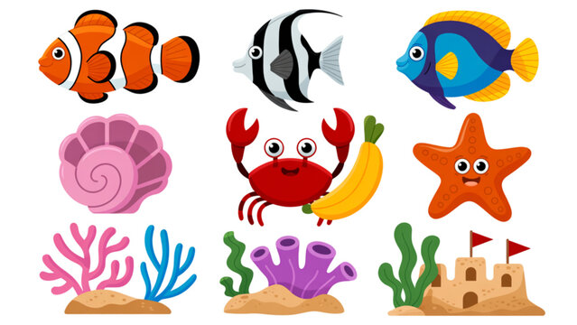 Colorful underwater sea creatures and coral illustration Vector