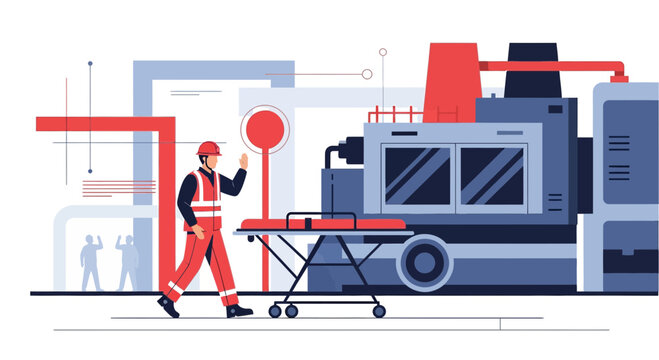 Industrial Safety Officer with Stretcher near Machinery, Emergency Response Concept
