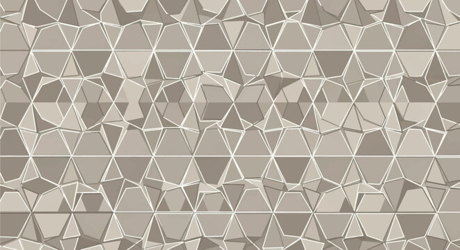 Abstract beige geometric pattern with repeating interlocking hexagons and triangles, featuring a 3d low-poly tessellation effect with white outlines and neutral monochromatic tones.