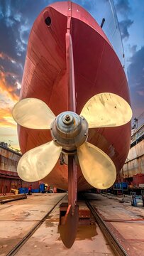 A large red ship's propeller on a dry dock