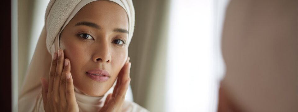 Woman Applying Halal Skincare in Daily Beauty Routine with Soft Natural Light