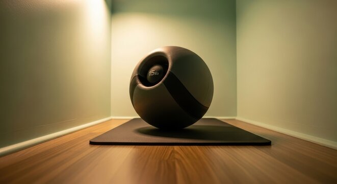 Black weighted slam ball with textured grip rests on a dark exercise mat on a wooden floor