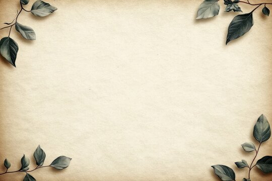 Blank vintage textured paper with delicate green leaf branches framing the corners, calm natural and elegant stationery background