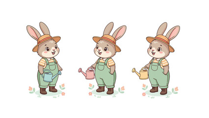 Fototapeta premium Adorable Cartoon Bunny Gardeners with Watering Cans. Cute Rabbit Characters for Spring, Easter, and Nature Themes