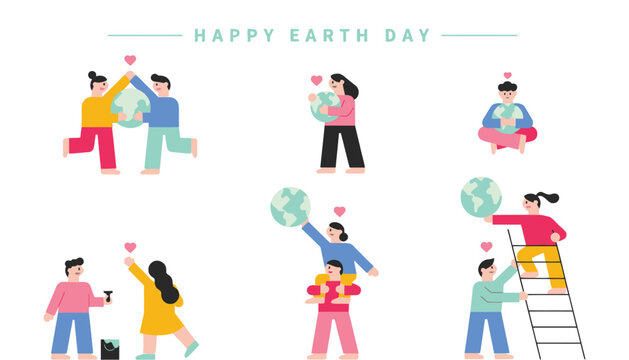 Happy earth day people caring for planet illustrations