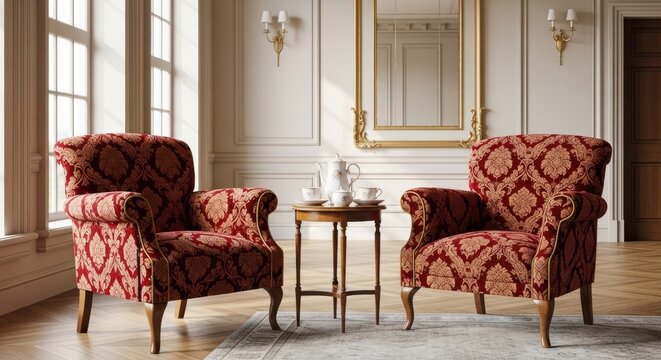 Elegant sitting area featuring two matching ornate red upholstered armchairs and a classic side table with tea set