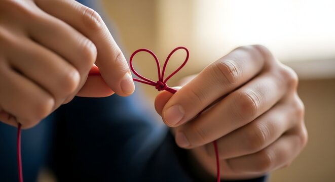 A close-up view of human hands meticulously tying a delicate red string into a heart shape, symbolizing love, connection, and craft.