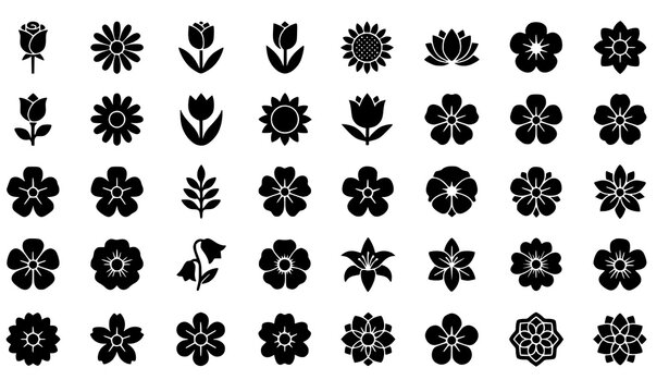 flower, flowers, floral, silhouette, icon, icons, black, vector, bold, minimal, simple, blossom, sunflower, lotus, daisy, nature, plant, design, symbol, isolated, white, flat, shape, decorative, moder