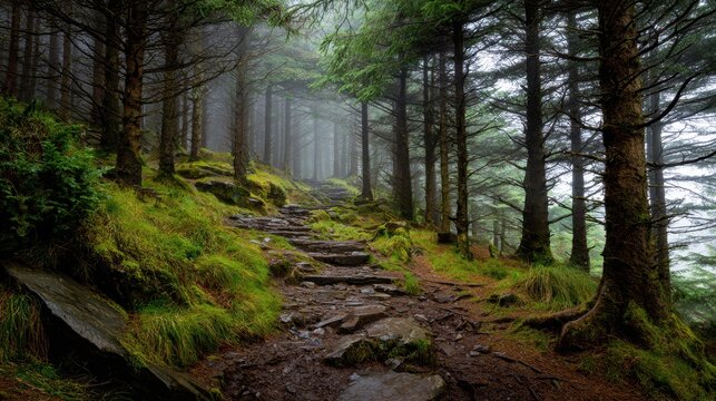 Misty forest trail leading to mountain summit with lush green trees and rocky path
