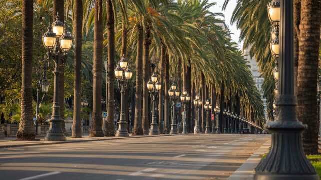 Elegant boulevard with palm trees and vintage street lamps