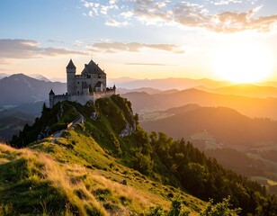 Fototapeta premium A serene castle on a hill at sunset