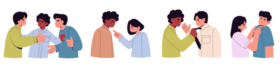 Fototapeta premium Flat vector illustration of people arguing and expressing conflict emotions, diverse characters in disagreement, confrontation, pointing fingers and tense body language, showing social issues, communi