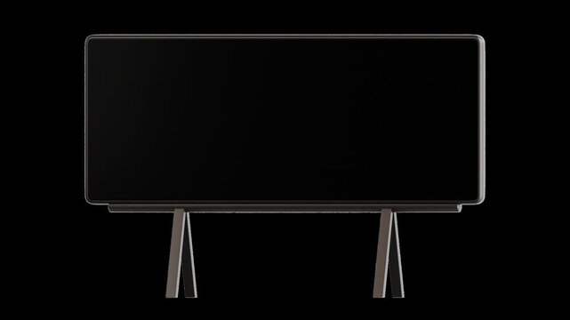 Looping 3D animation of AI smart blackboard with wide screen display on transparent background, representing digital classroom, interactive learning and modern education technology tools.