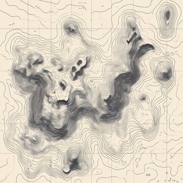 hand-drawn topographic map of rugged peaks, ridges and valleys with dense contour lines, shaded relief and grid evoking exploration and mystery
