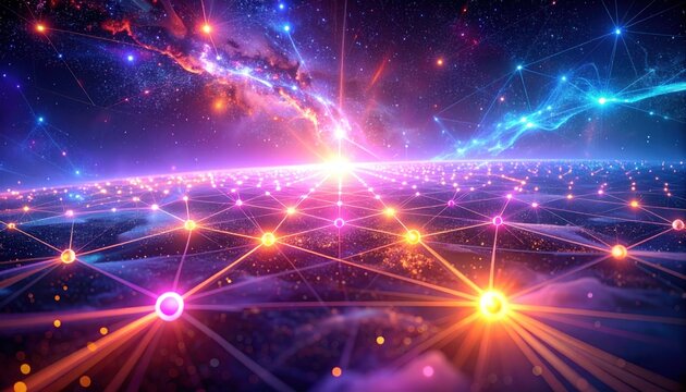 Celestial network of light and connection over a vibrant, illuminated world