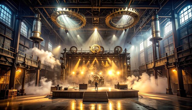Large industrial theater with stage, machinery, smoke, and lighting