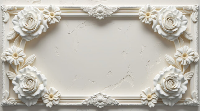 White gypsum background with raised rose frame and soft shadows. Clean center copy space for greeting card, wedding invitation or presentation design