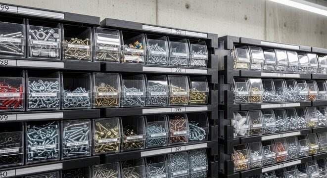 Organized Storage Bins Filled With Various Hardware and Fasteners in a Workshop Setting
