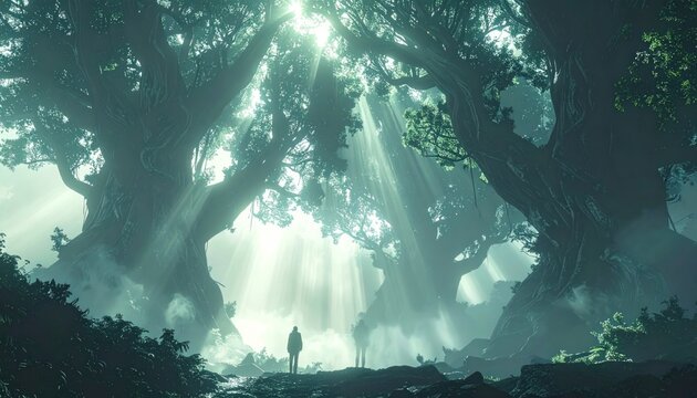 Two figures stand before colossal trees, sunbeams streaming down